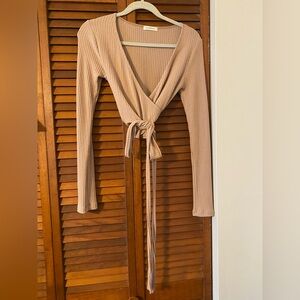 Ribbed Wrap Tie Top in Tan